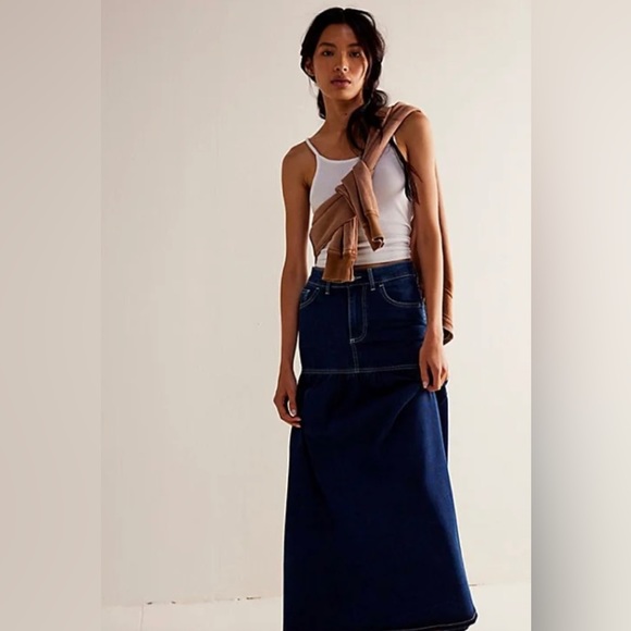 NWOT Free People Jordan Maxi Skirt We the Free Deep Blue Wash Size 12 - Picture 4 of 8